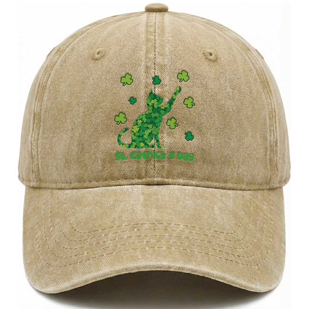 Funny St Catricks Day Washed Cotton Baseball Cap Lucky Shamrock Cat Saint Pattys