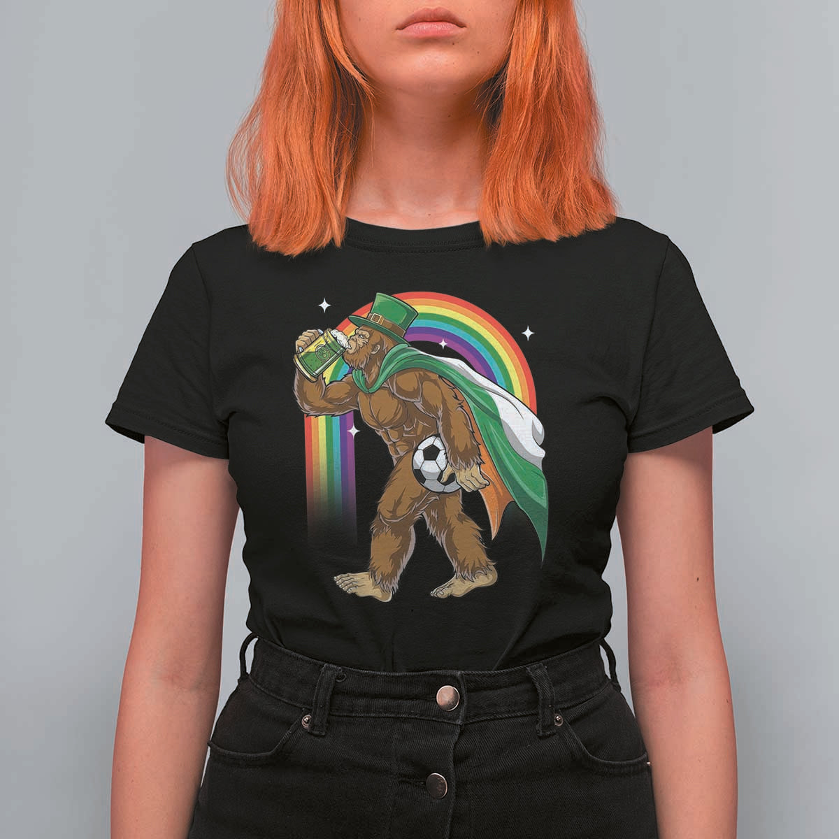 Funny Bigfoot Drinking Beer T Shirt For Women St Patricks Day Soccer Lover