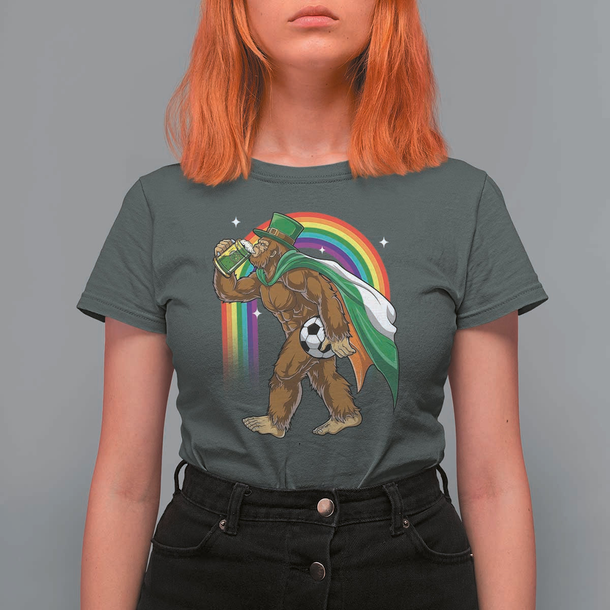Funny Bigfoot Drinking Beer T Shirt For Women St Patricks Day Soccer Lover