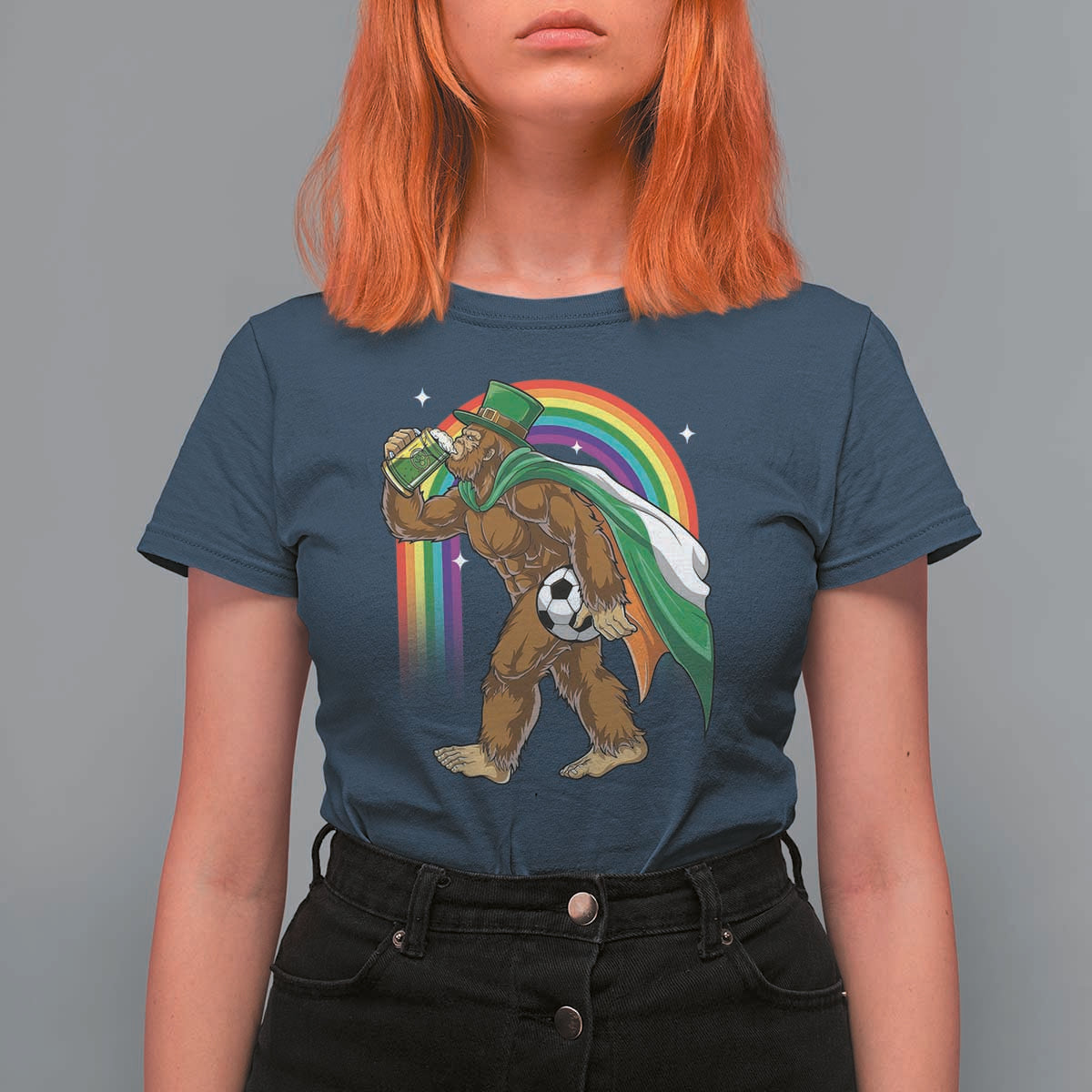Funny Bigfoot Drinking Beer T Shirt For Women St Patricks Day Soccer Lover