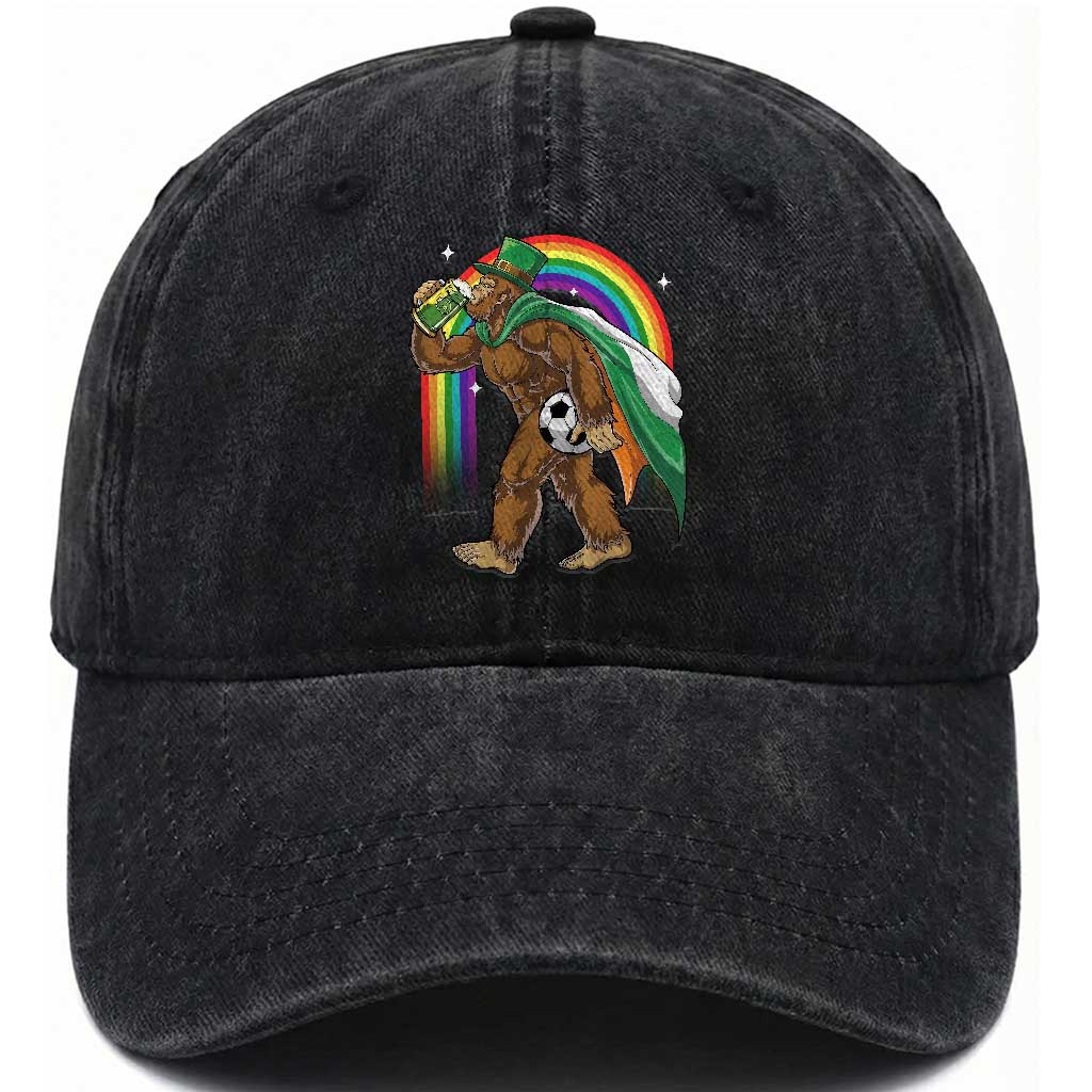 Funny Bigfoot Drinking Beer Washed Cotton Baseball Cap St Patricks Day Soccer Lover