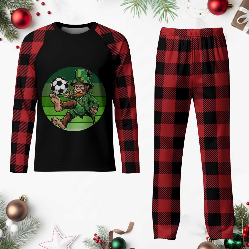 Funny Bigfoot Playing Soccer Plaid Pajama Set St Patricks Day
