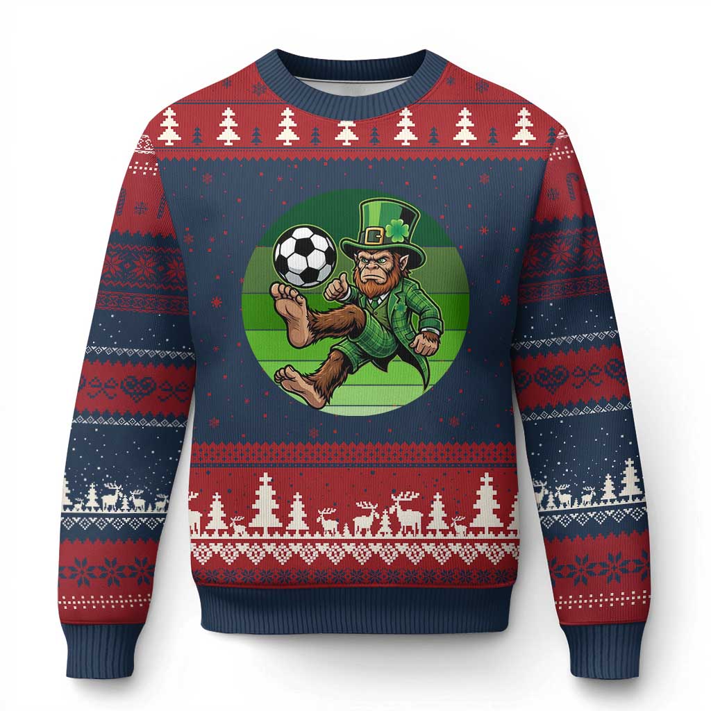 Funny Bigfoot Playing Soccer Ugly Christmas Sweater St Patricks Day