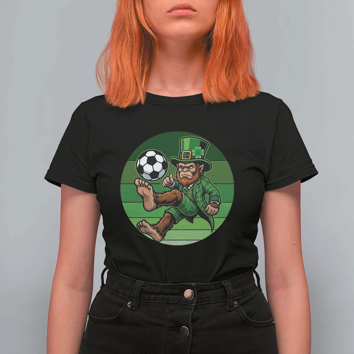 Funny Bigfoot Playing Soccer T Shirt For Women St Patricks Day
