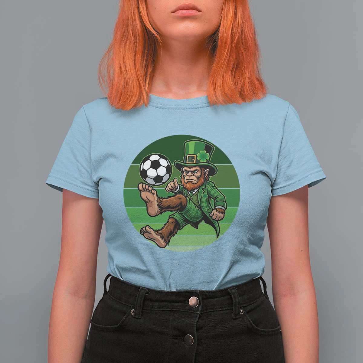 Funny Bigfoot Playing Soccer T Shirt For Women St Patricks Day