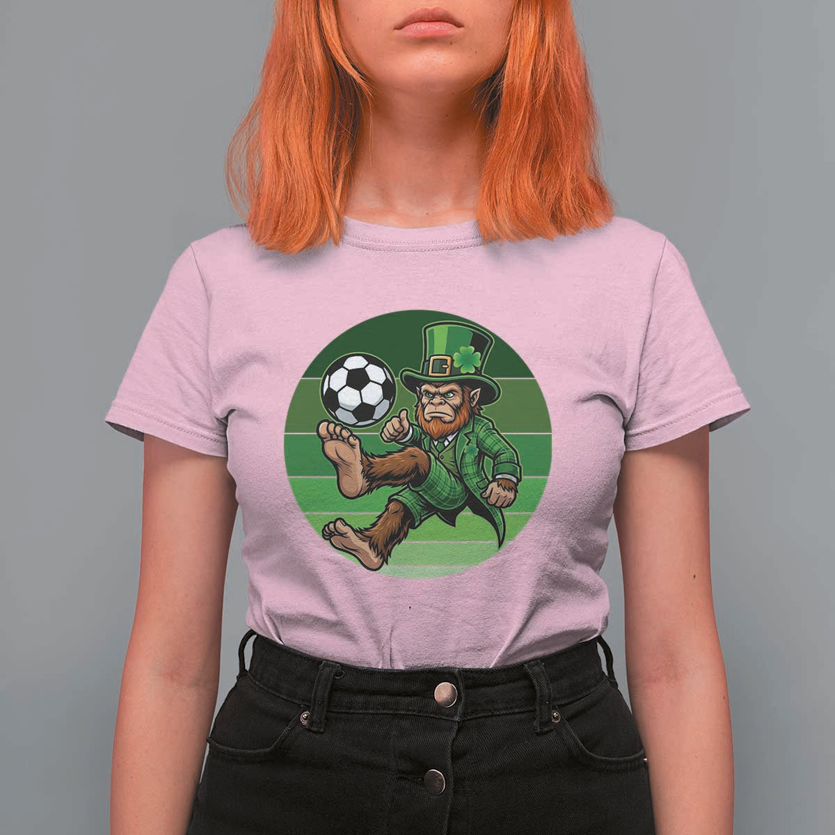 Funny Bigfoot Playing Soccer T Shirt For Women St Patricks Day