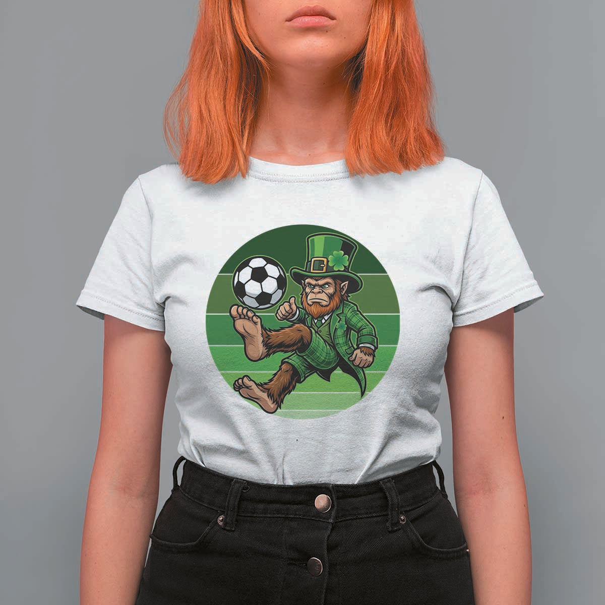 Funny Bigfoot Playing Soccer T Shirt For Women St Patricks Day