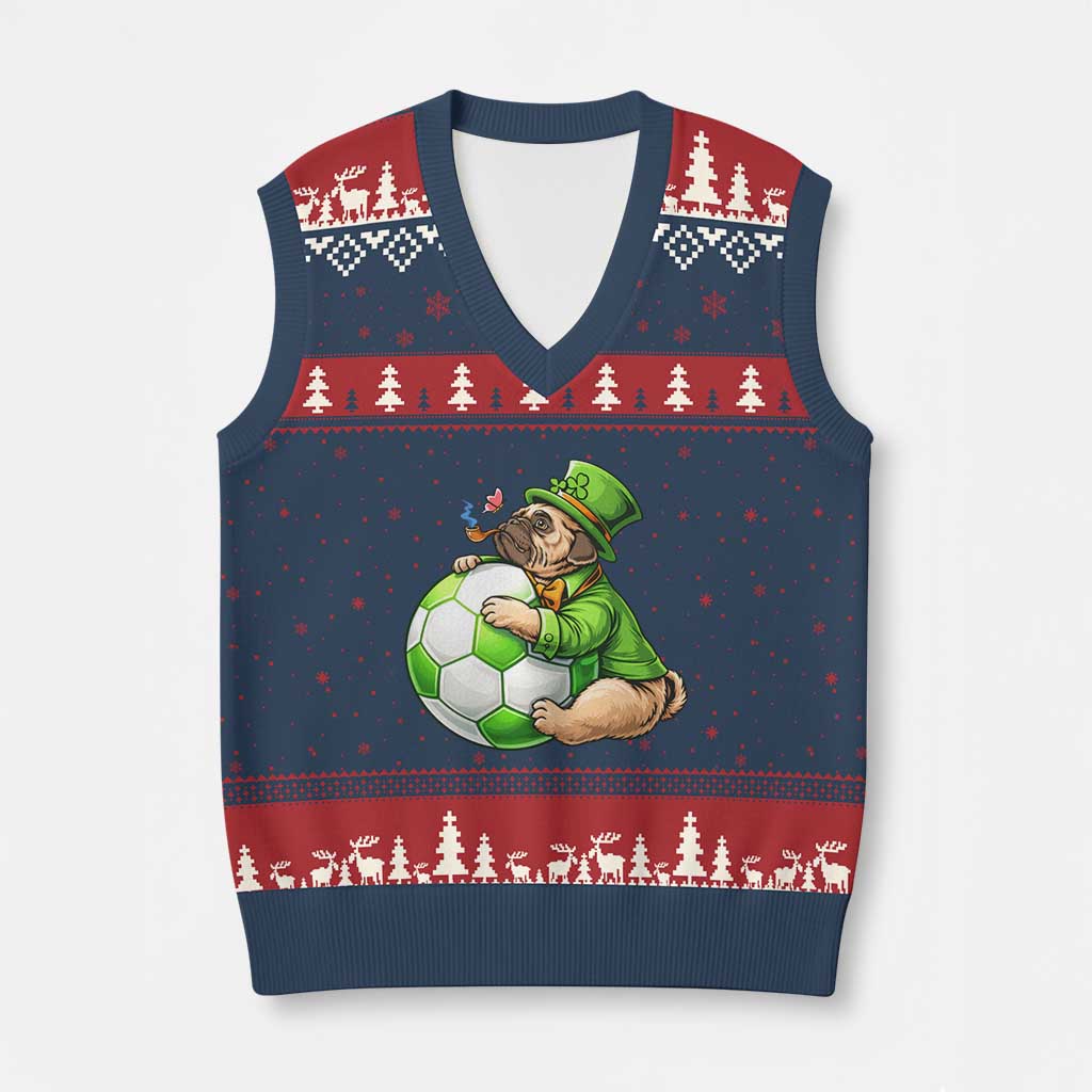 Lucky Pug Soccer Lover V-Neck Knit Sweater Vest St Paddys Day Irish Football Gift