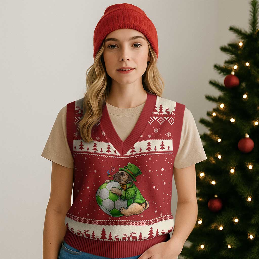 Lucky Pug Soccer Lover V-Neck Knit Sweater Vest St Paddys Day Irish Football Gift