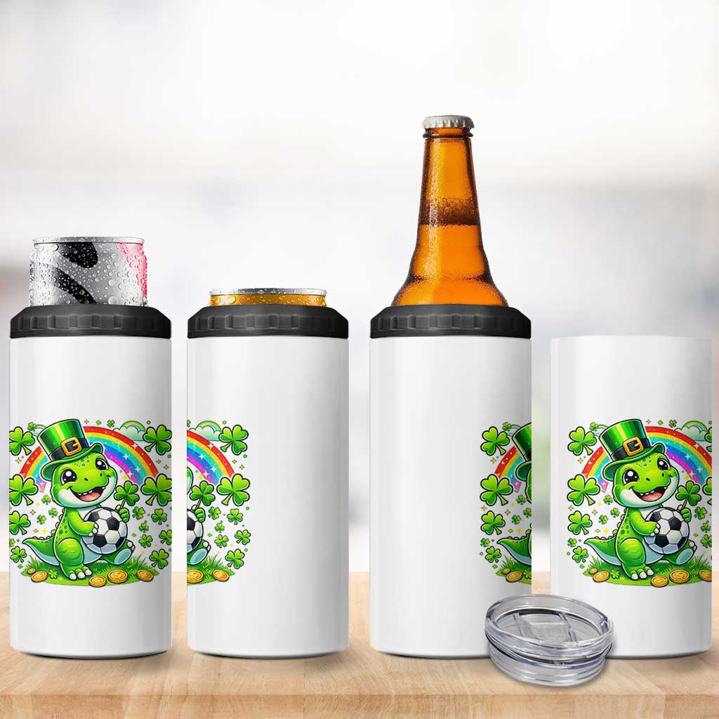 Cute Dinosaur Soccer Player 4 in 1 Can Cooler Tumbler St Patricks Day Dino Lover