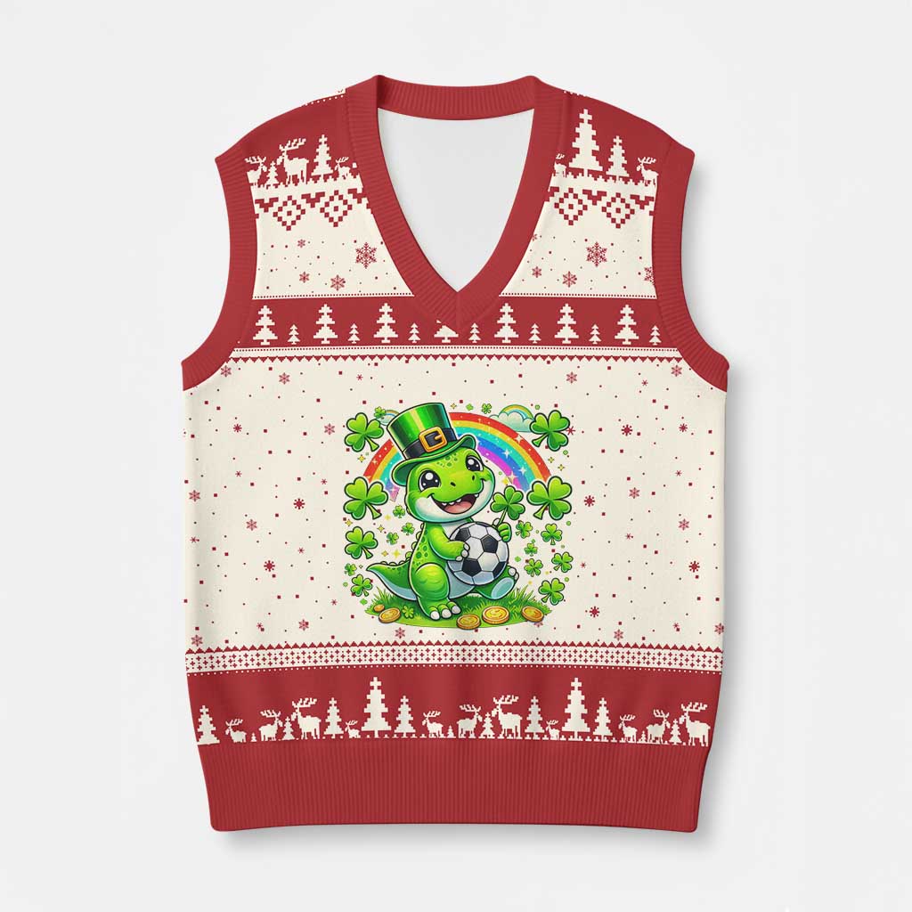 Cute Dinosaur Soccer Player V-Neck Knit Sweater Vest St Patricks Day Dino Lover
