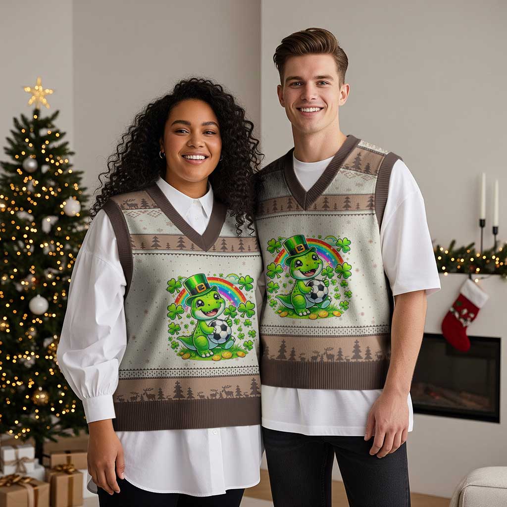 Cute Dinosaur Soccer Player V-Neck Knit Sweater Vest St Patricks Day Dino Lover