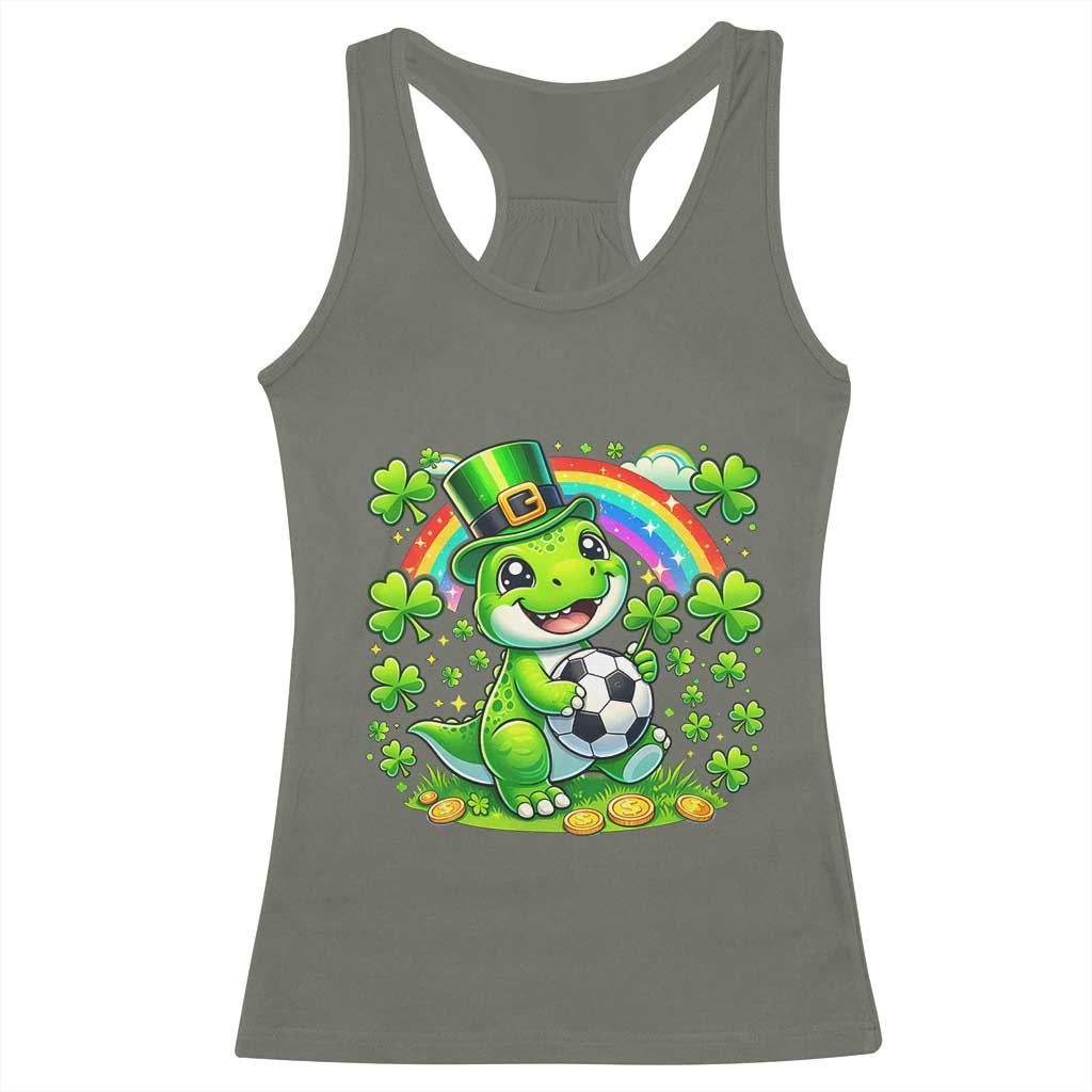 Cute Dinosaur Soccer Player Racerback Tank Top St Patricks Day Dino Lover