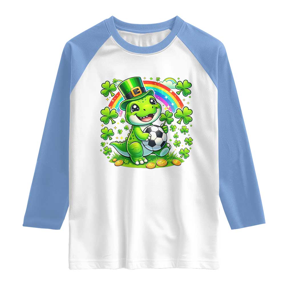 Cute Dinosaur Soccer Player Raglan Shirt St Patricks Day Dino Lover