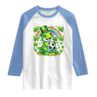 Cute Dinosaur Soccer Player Raglan Shirt St Patricks Day Dino Lover