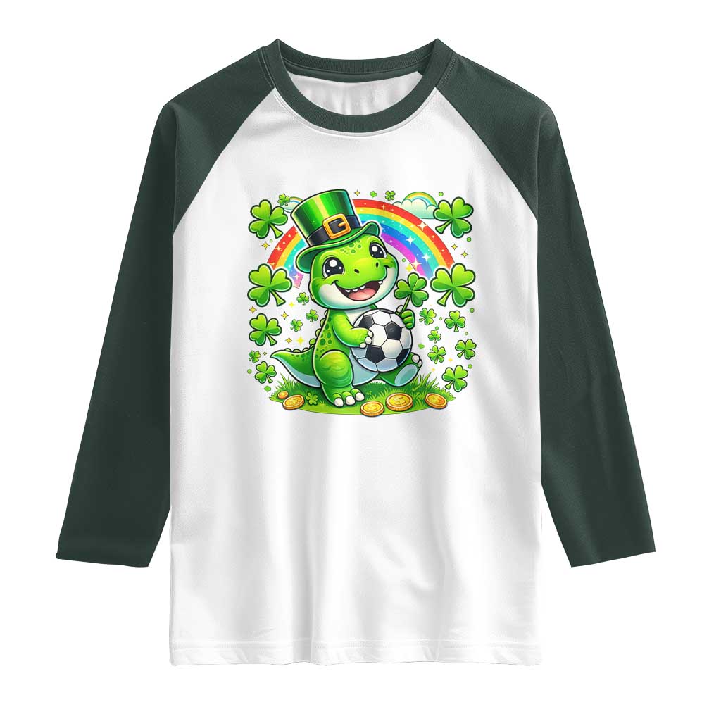 Cute Dinosaur Soccer Player Raglan Shirt St Patricks Day Dino Lover