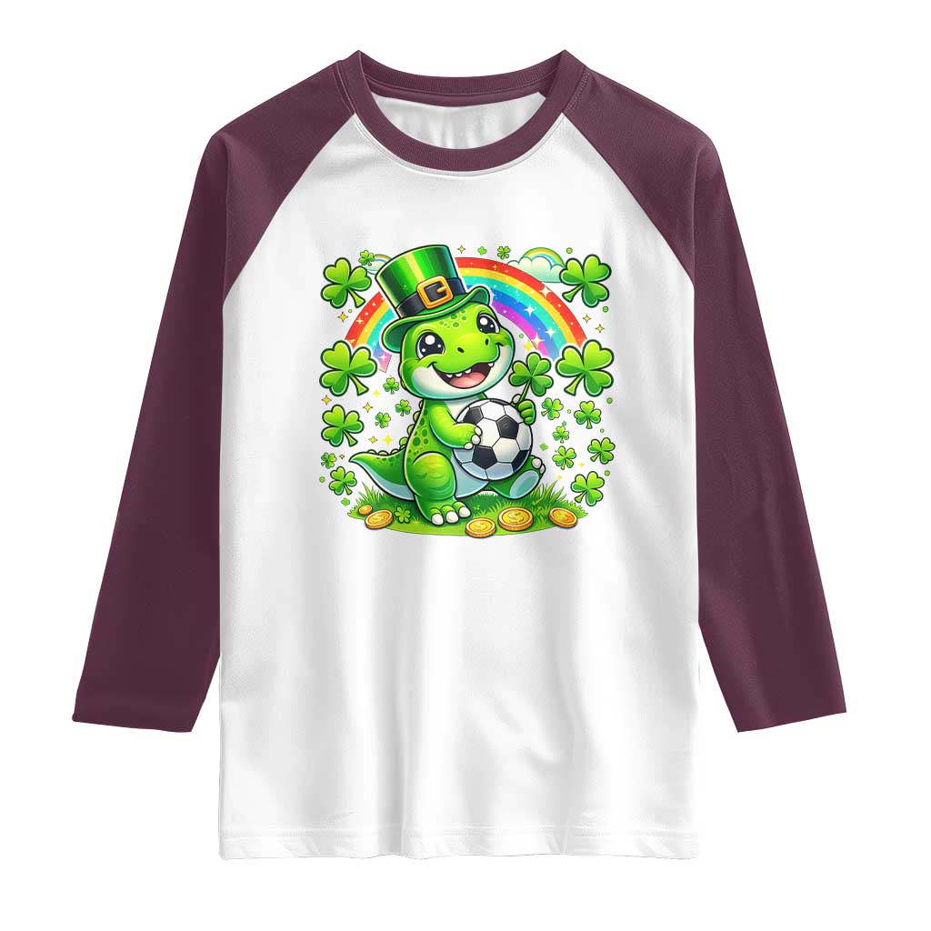 Cute Dinosaur Soccer Player Raglan Shirt St Patricks Day Dino Lover
