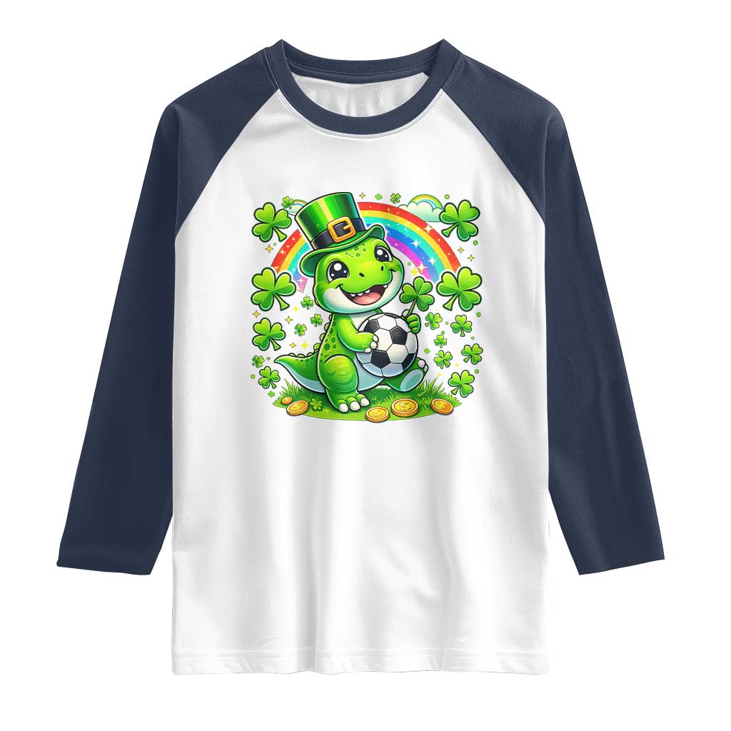 Cute Dinosaur Soccer Player Raglan Shirt St Patricks Day Dino Lover