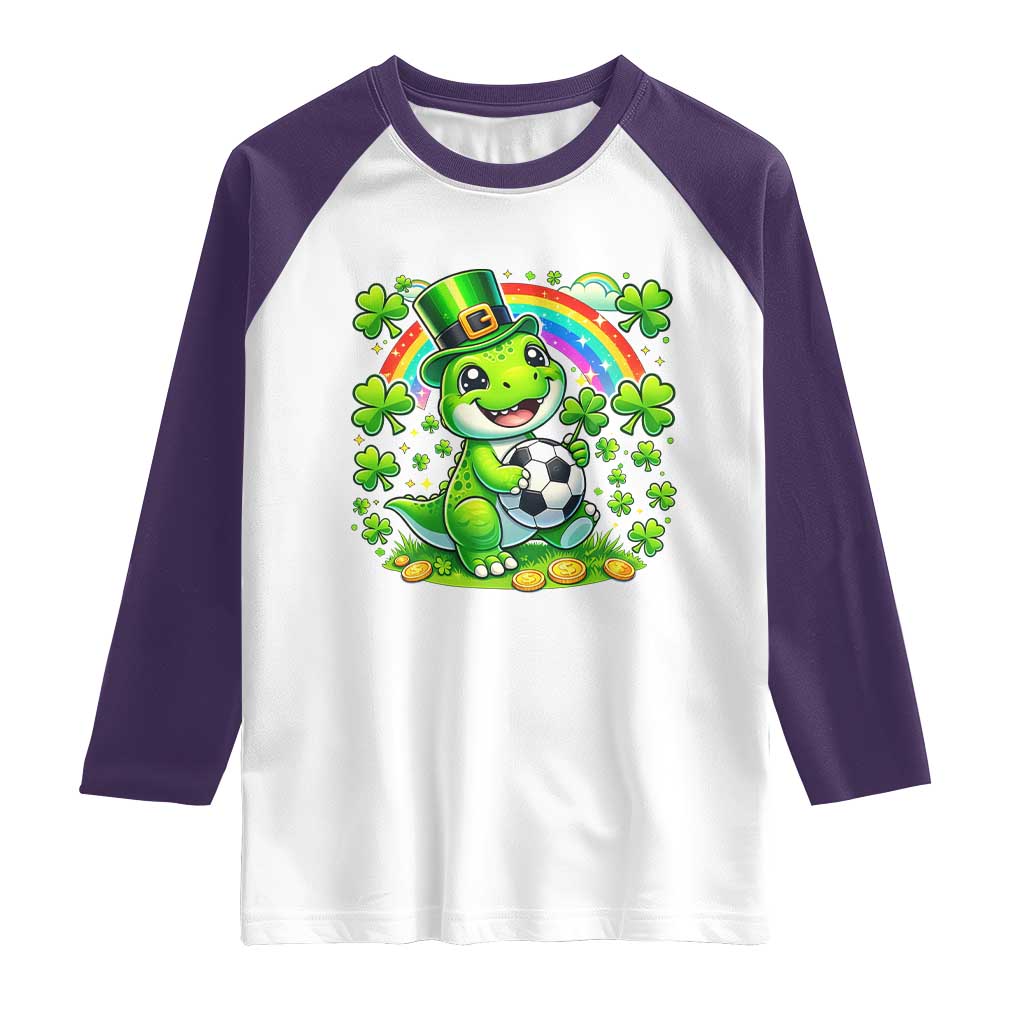 Cute Dinosaur Soccer Player Raglan Shirt St Patricks Day Dino Lover