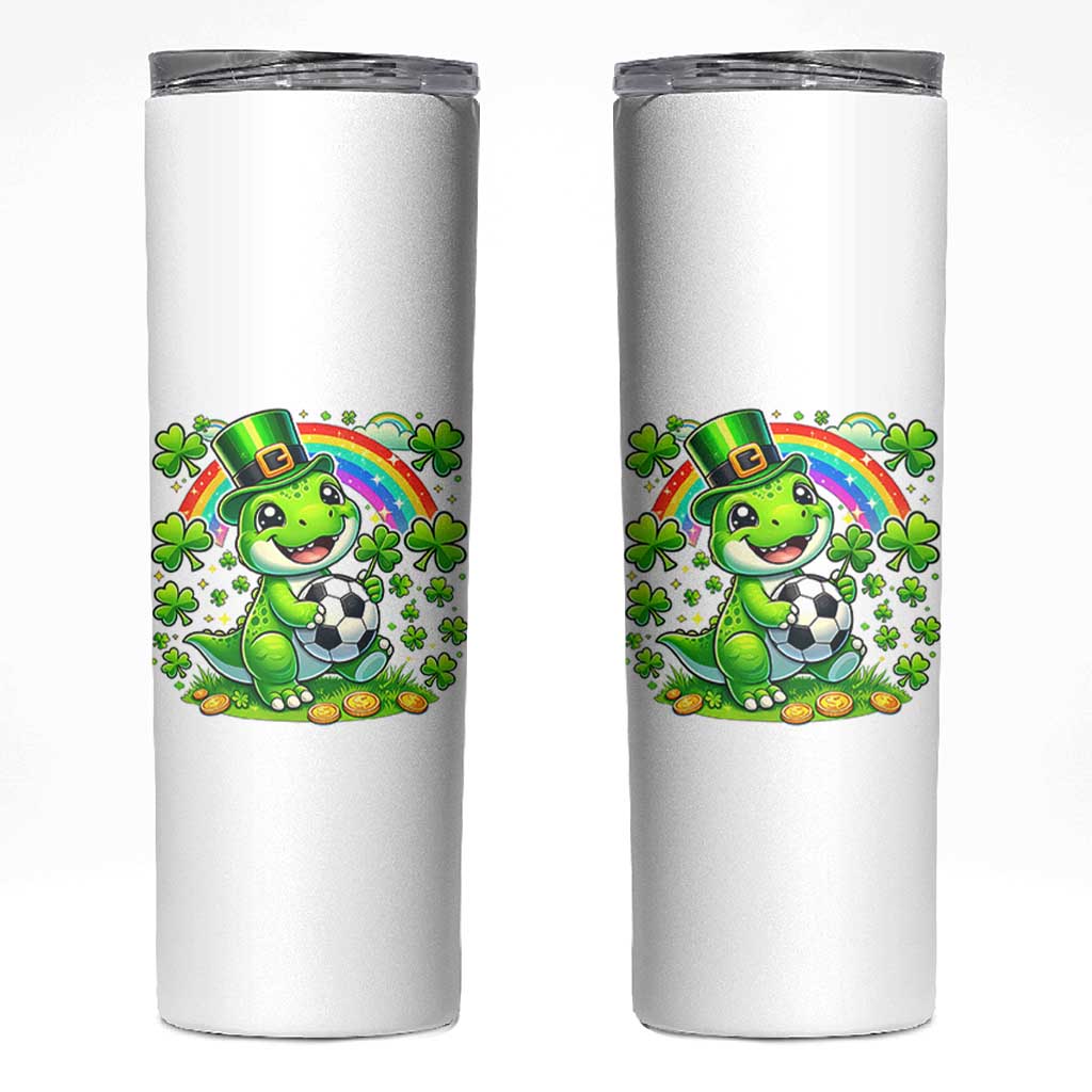 Cute Dinosaur Soccer Player Skinny Tumbler St Patricks Day Dino Lover