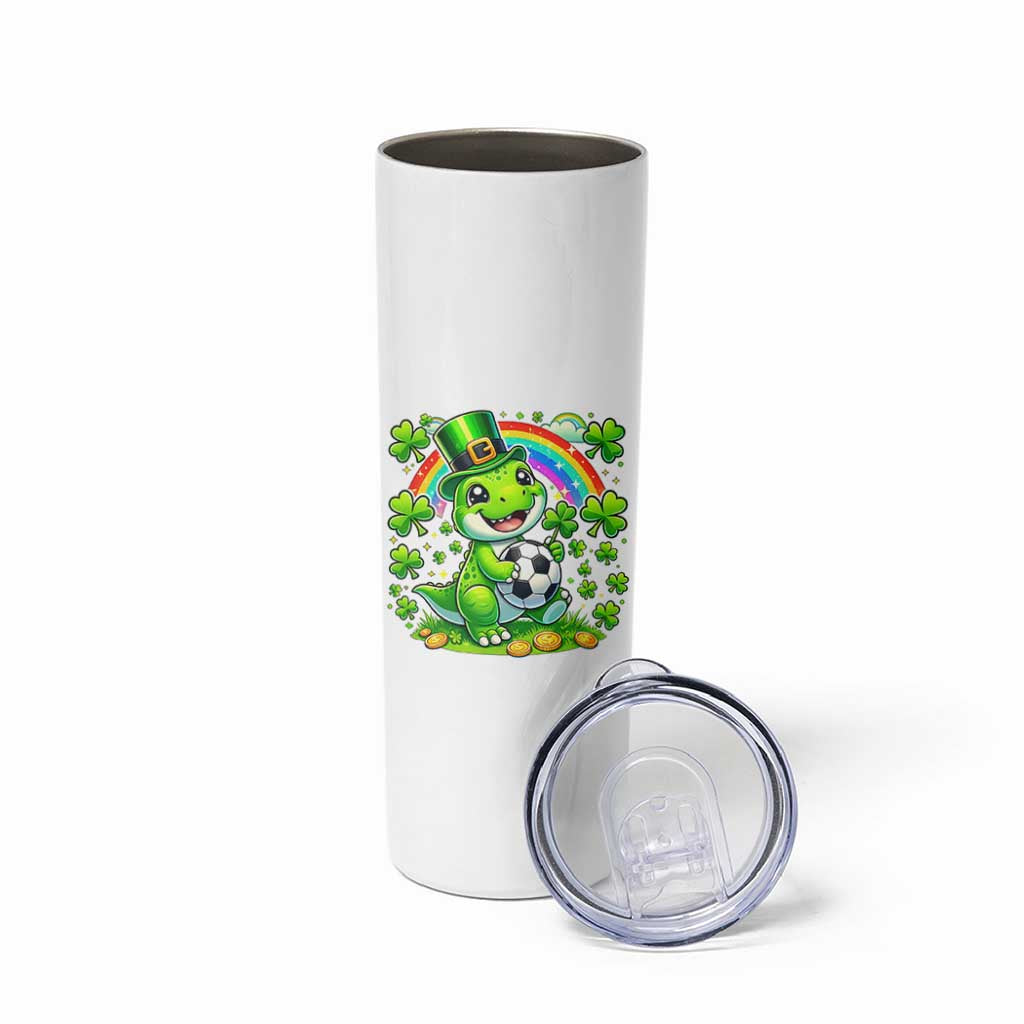 Cute Dinosaur Soccer Player Skinny Tumbler St Patricks Day Dino Lover