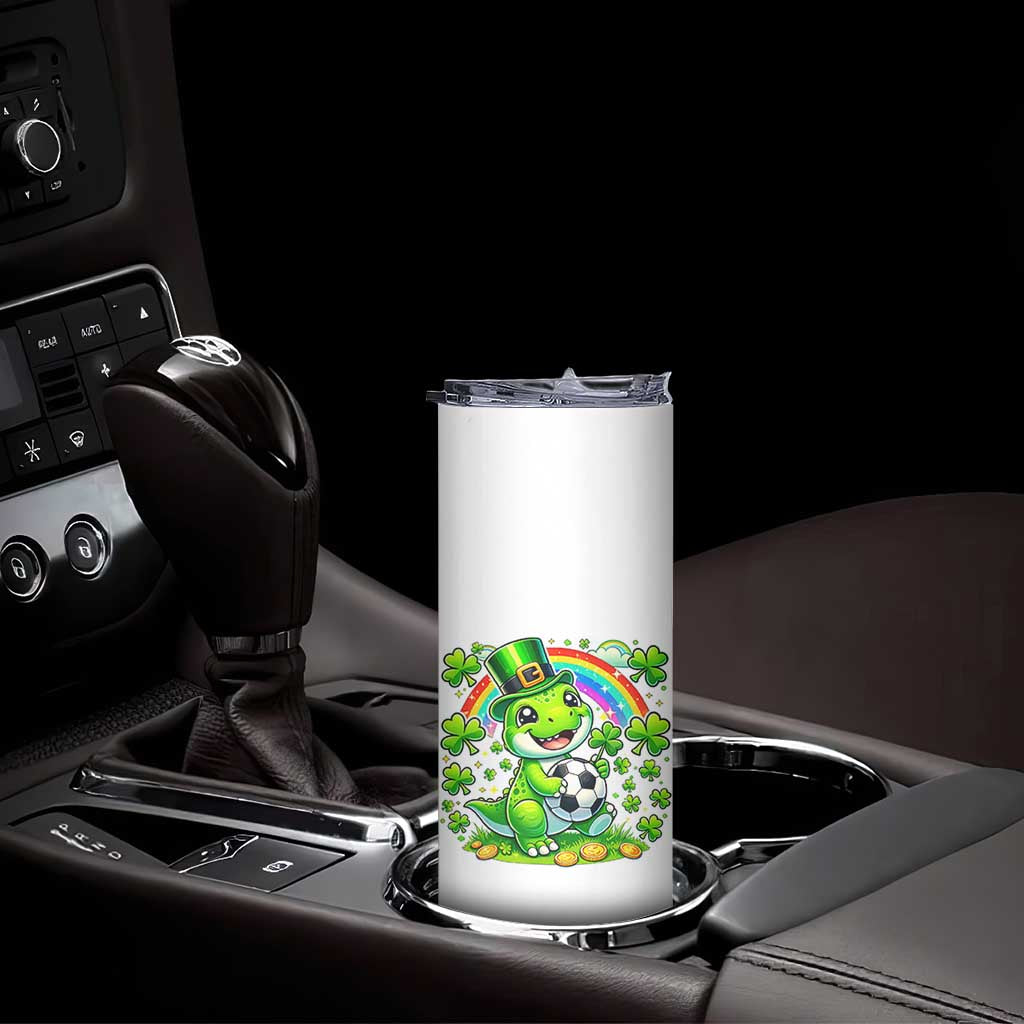 Cute Dinosaur Soccer Player Skinny Tumbler St Patricks Day Dino Lover