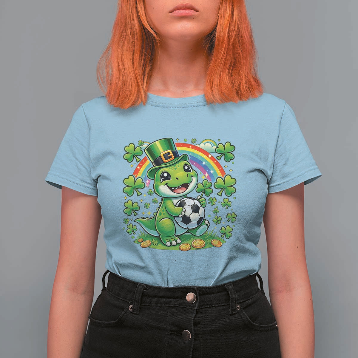 Cute Dinosaur Soccer Player T Shirt For Women St Patricks Day Dino Lover