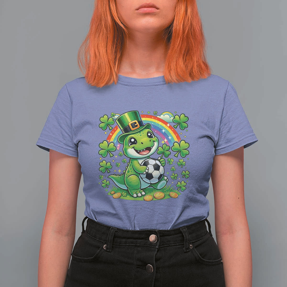 Cute Dinosaur Soccer Player T Shirt For Women St Patricks Day Dino Lover