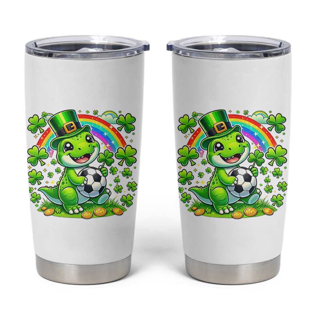 Cute Dinosaur Soccer Player Tumbler Cup St Patricks Day Dino Lover