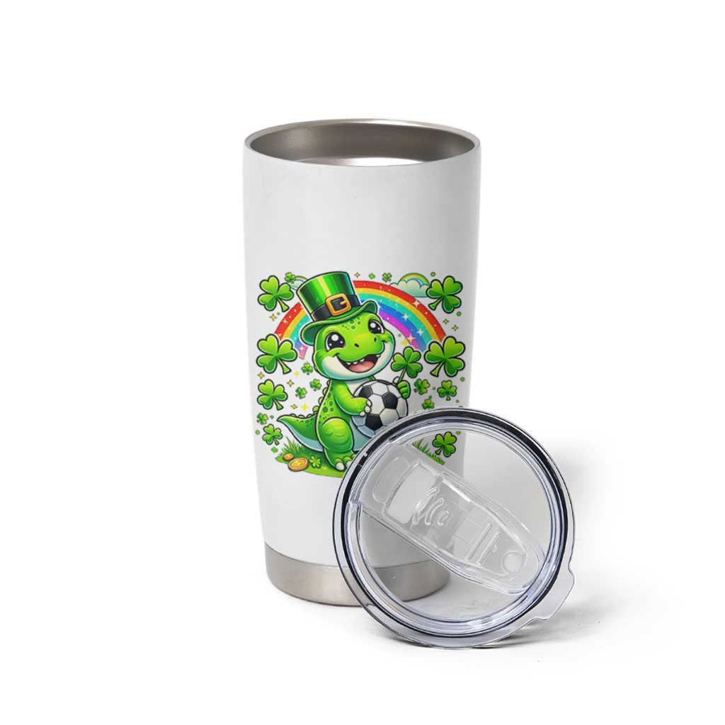 Cute Dinosaur Soccer Player Tumbler Cup St Patricks Day Dino Lover