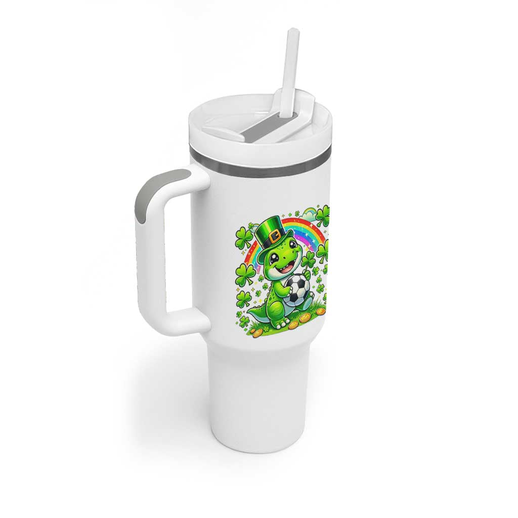 Cute Dinosaur Soccer Player Tumbler With Handle St Patricks Day Dino Lover