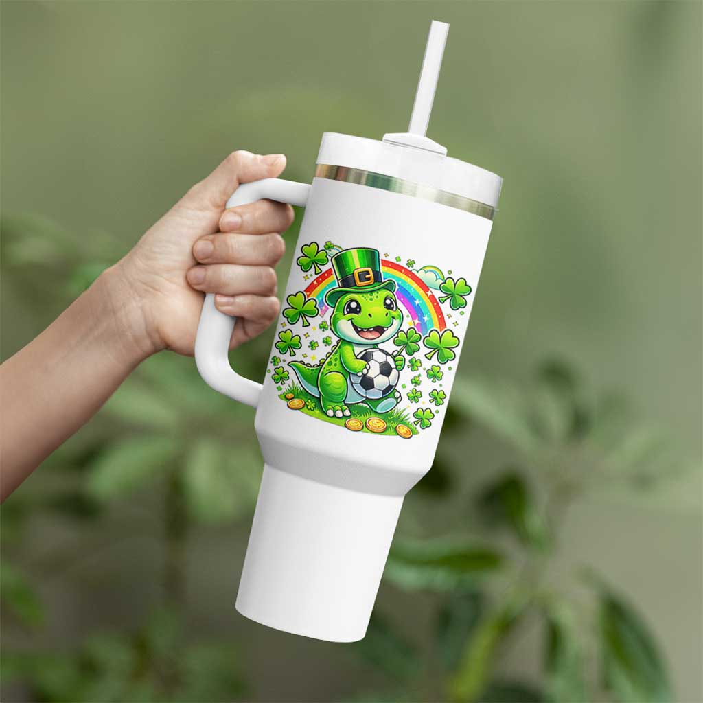 Cute Dinosaur Soccer Player Tumbler With Handle St Patricks Day Dino Lover