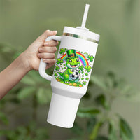 Cute Dinosaur Soccer Player Tumbler With Handle St Patricks Day Dino Lover