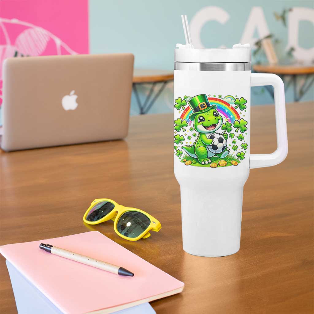 Cute Dinosaur Soccer Player Tumbler With Handle St Patricks Day Dino Lover