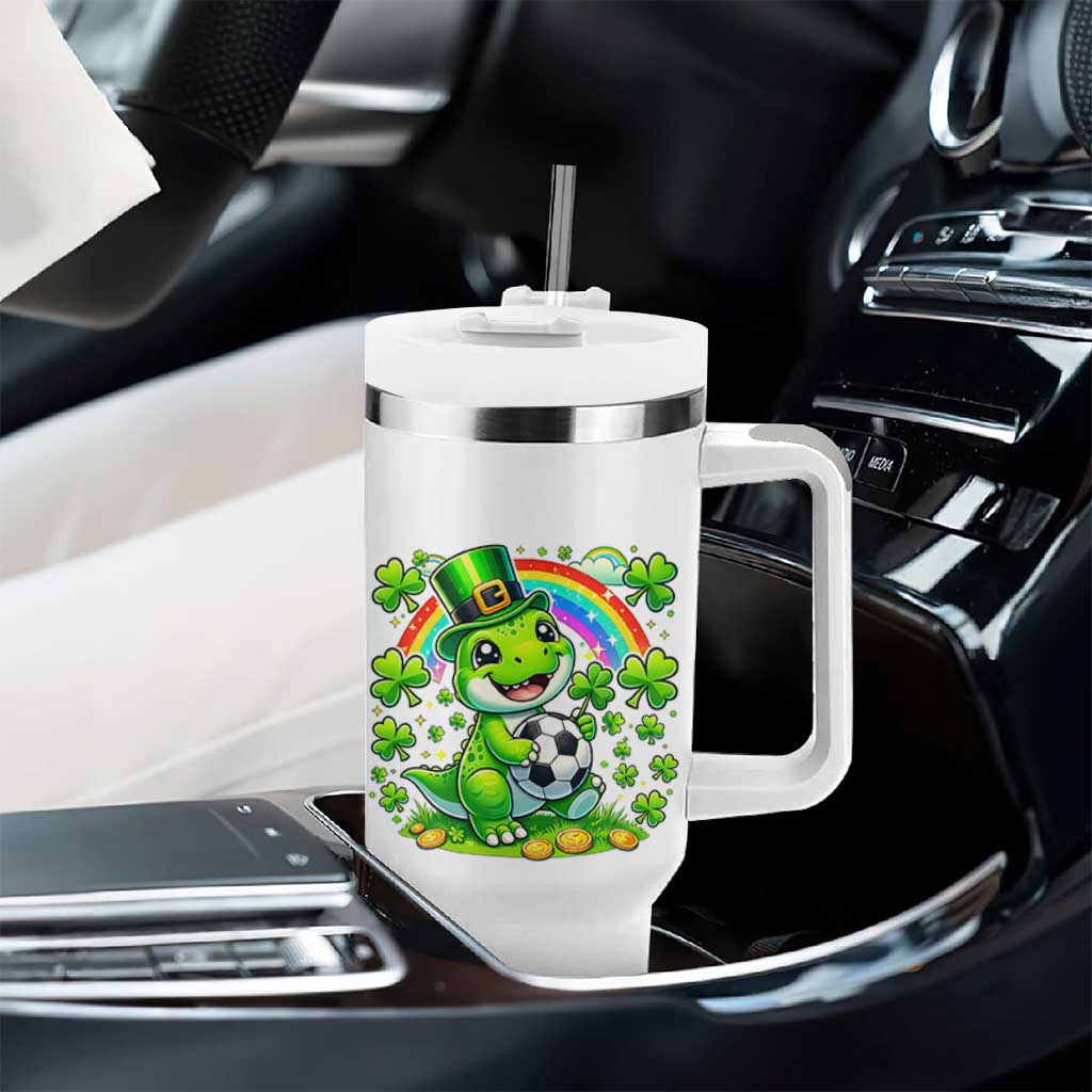 Cute Dinosaur Soccer Player Tumbler With Handle St Patricks Day Dino Lover