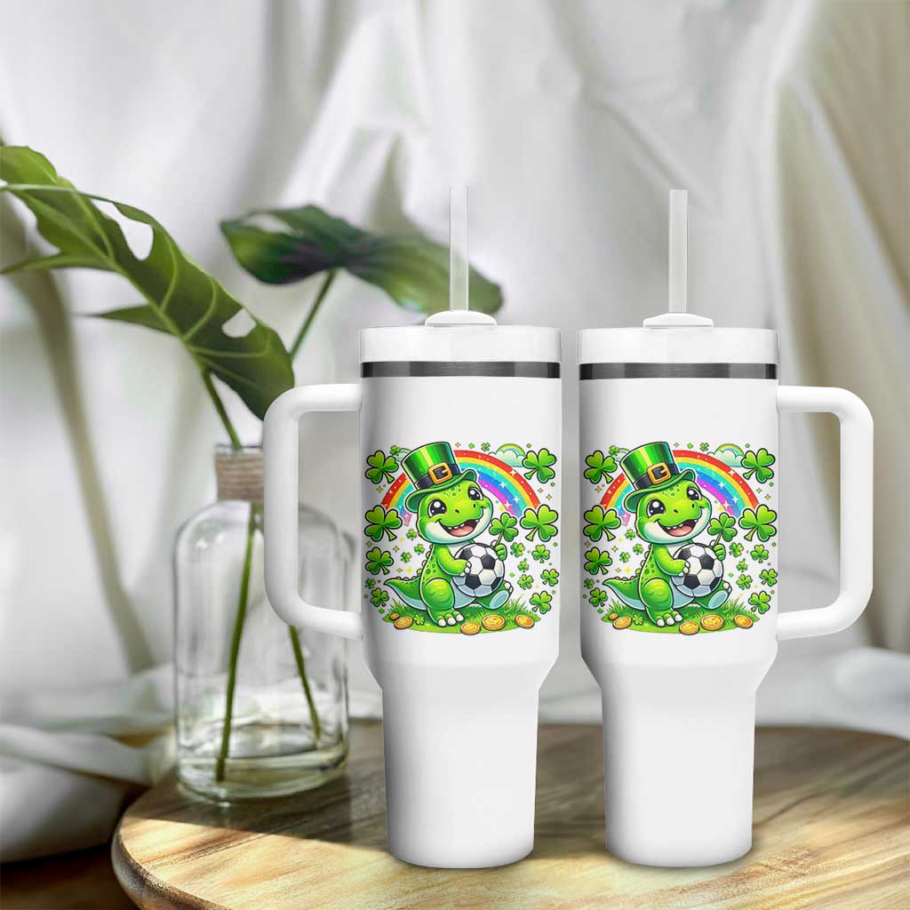 Cute Dinosaur Soccer Player Tumbler With Handle St Patricks Day Dino Lover