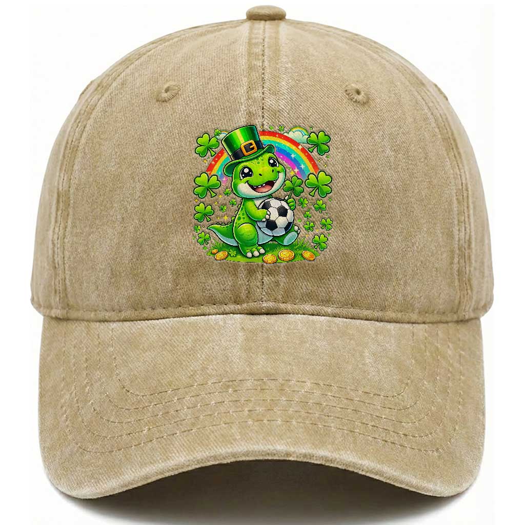 Cute Dinosaur Soccer Player Washed Cotton Baseball Cap St Patricks Day Dino Lover