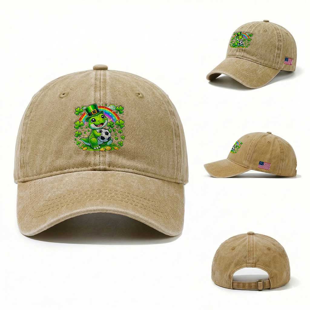 Cute Dinosaur Soccer Player Washed Cotton Baseball Cap St Patricks Day Dino Lover