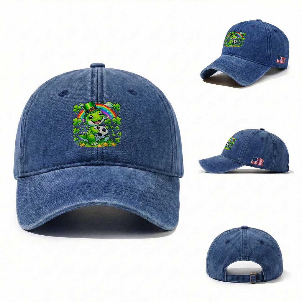 Cute Dinosaur Soccer Player Washed Cotton Baseball Cap St Patricks Day Dino Lover