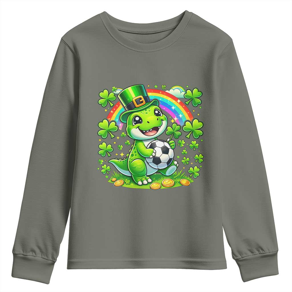 Cute Dinosaur Soccer Player Youth Sweatshirt St Patricks Day Dino Lover