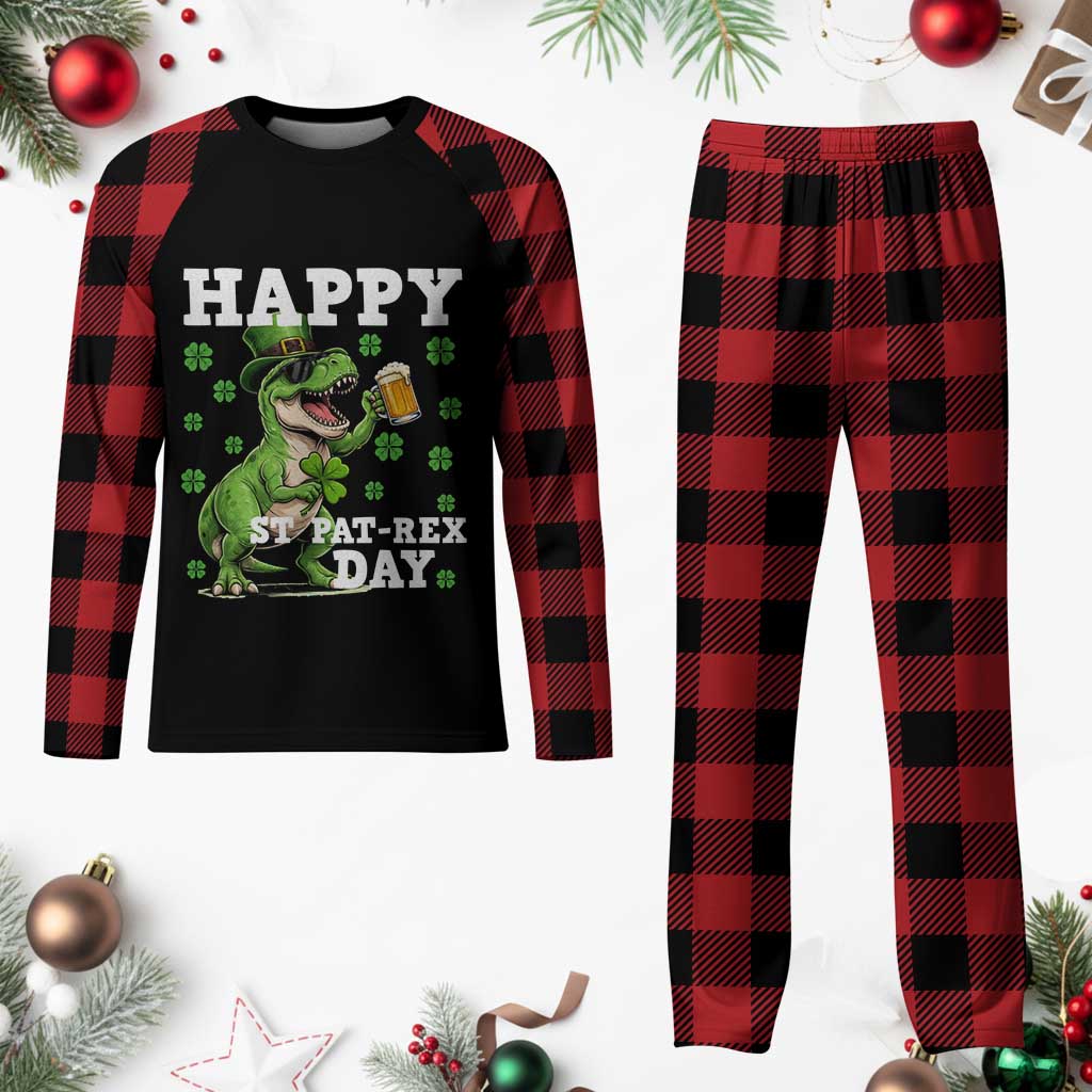 Happy St Pat Rex Day Plaid Pajama Set Funny Dinosaur Drinking Beer