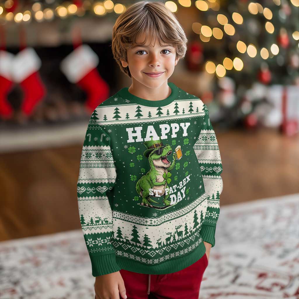 Happy St Pat Rex Day Ugly Christmas Sweater Funny Dinosaur Drinking Beer