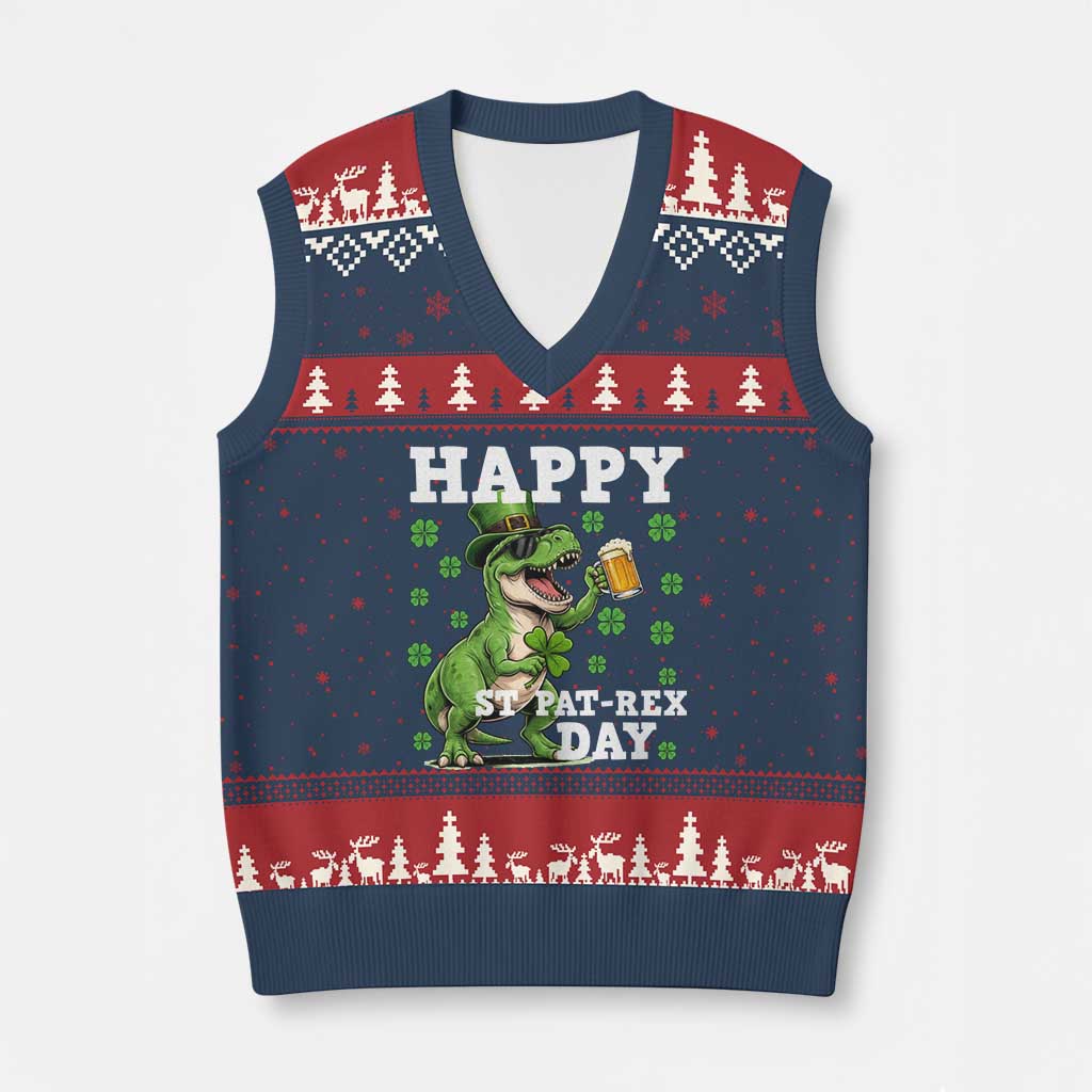 Happy St Pat Rex Day V-Neck Knit Sweater Vest Funny Dinosaur Drinking Beer