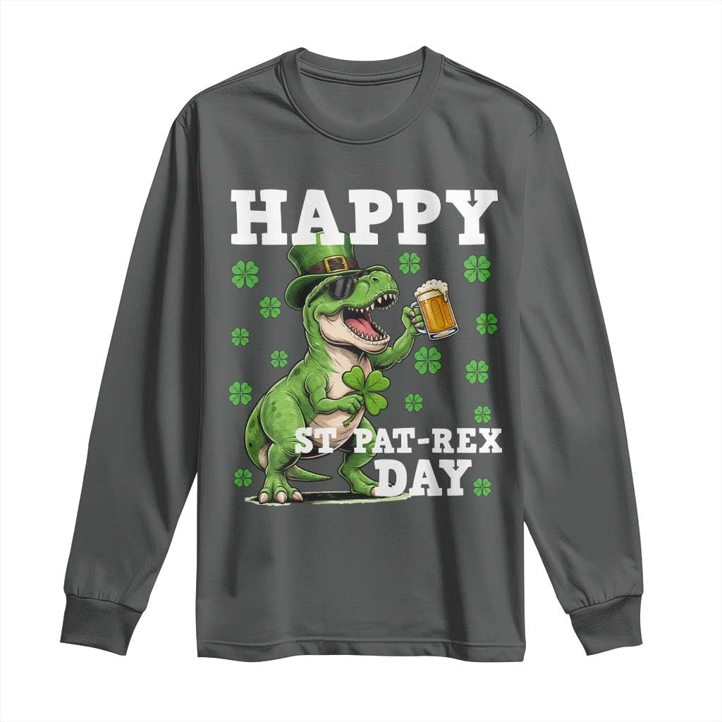 Happy St Pat Rex Day Long Sleeve Shirt Funny Dinosaur Drinking Beer