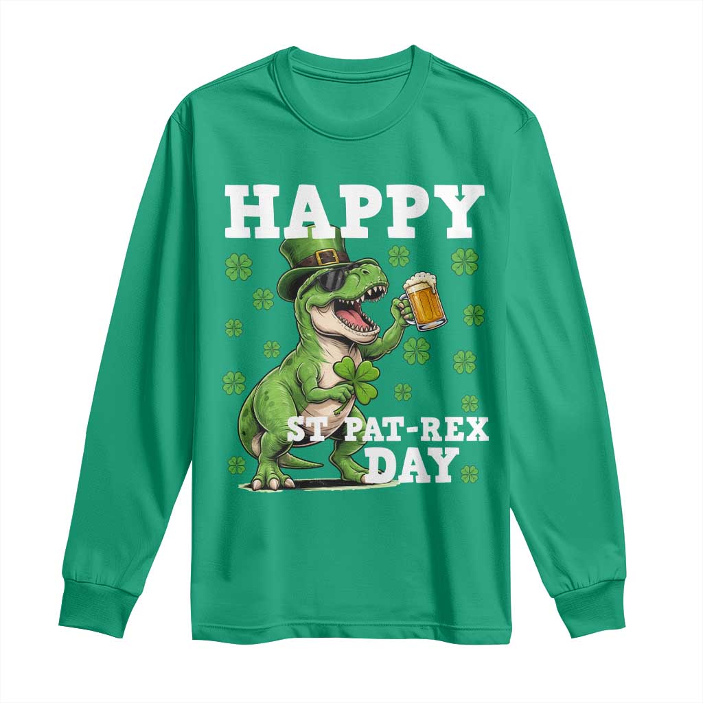 Happy St Pat Rex Day Long Sleeve Shirt Funny Dinosaur Drinking Beer