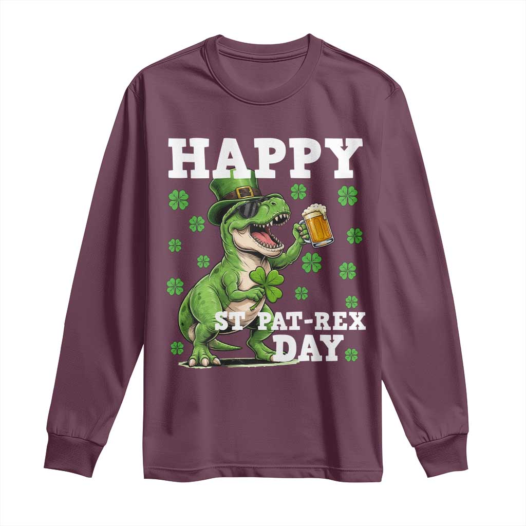 Happy St Pat Rex Day Long Sleeve Shirt Funny Dinosaur Drinking Beer