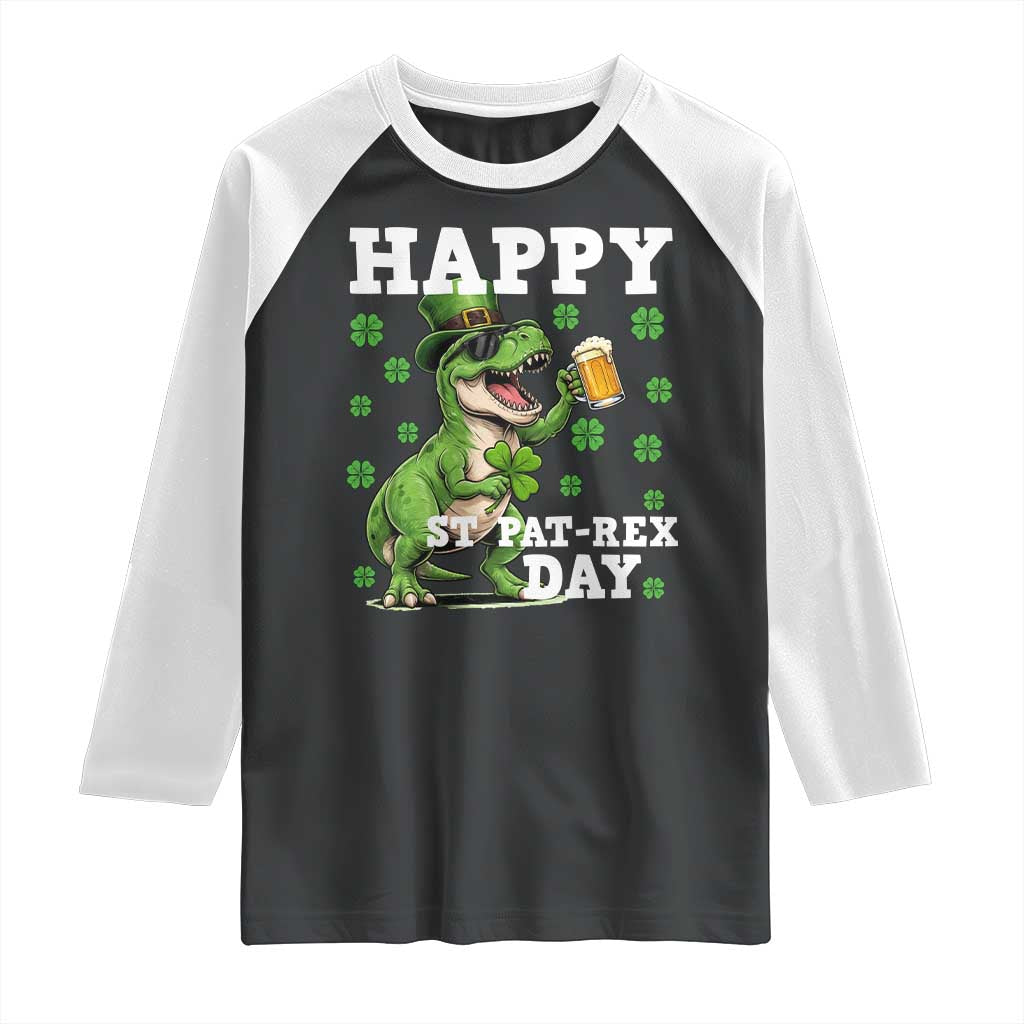 Happy St Pat Rex Day Raglan Shirt Funny Dinosaur Drinking Beer