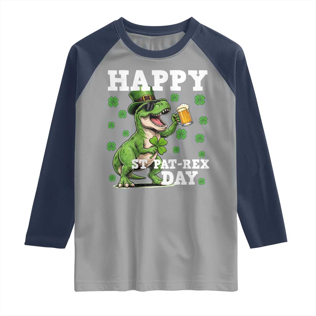 Happy St Pat Rex Day Raglan Shirt Funny Dinosaur Drinking Beer