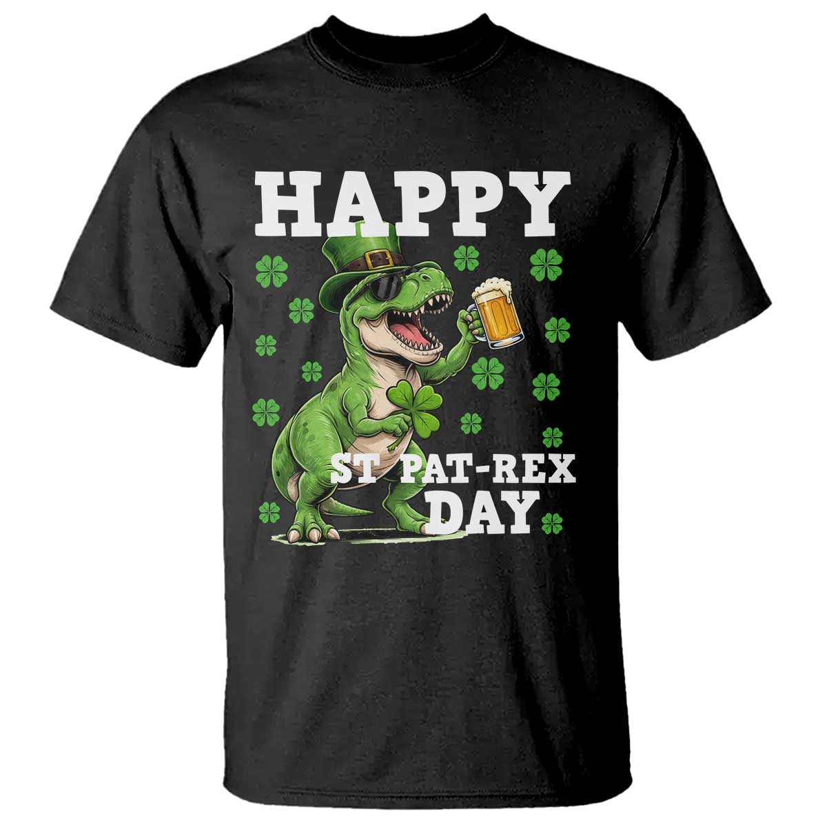 Happy St Pat Rex Day T Shirt Funny Dinosaur Drinking Beer