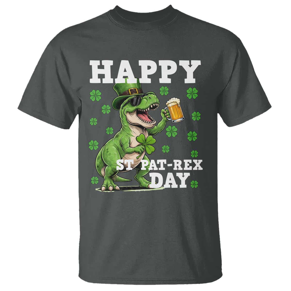 Happy St Pat Rex Day T Shirt Funny Dinosaur Drinking Beer